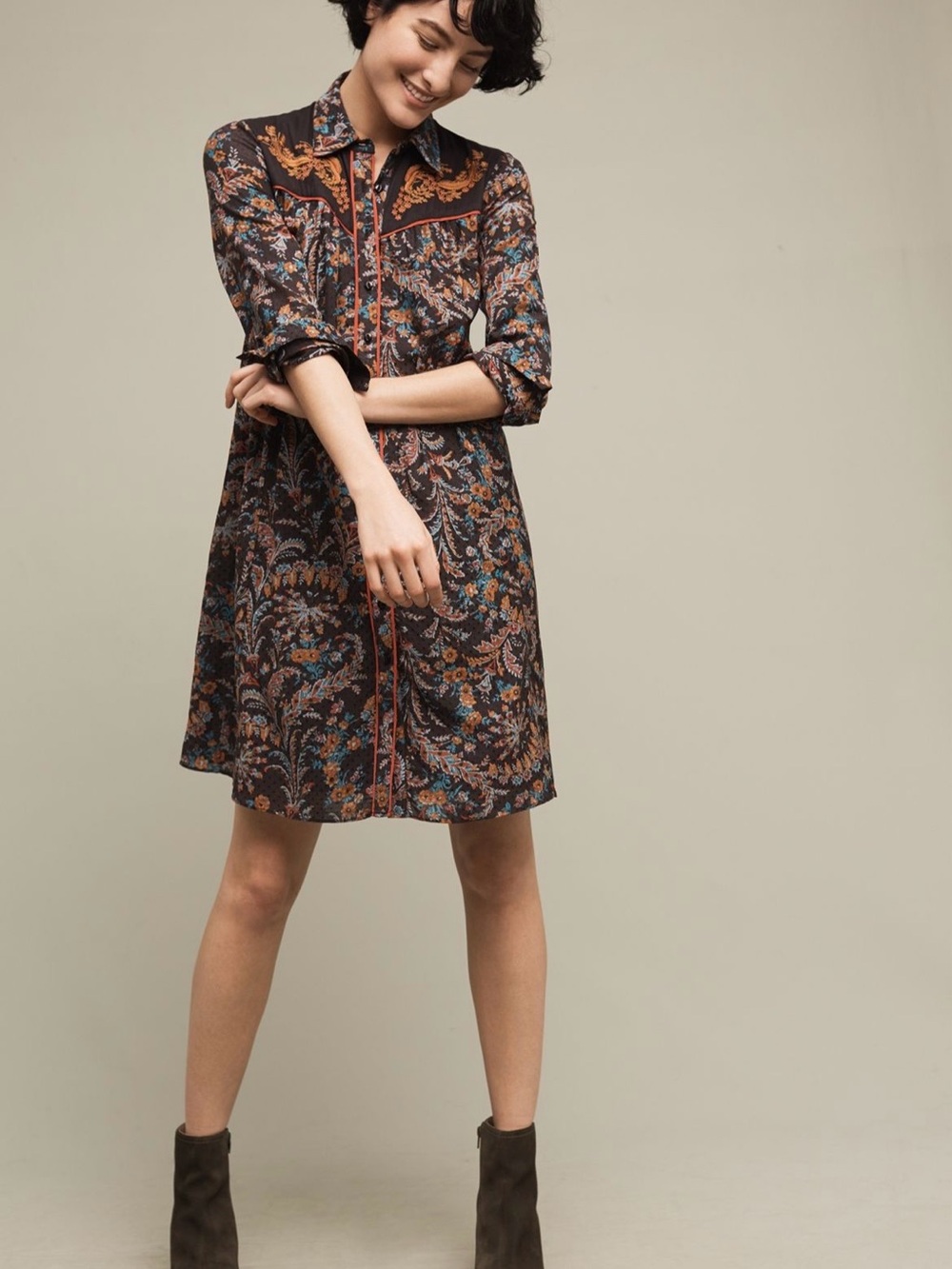 Anthropologie Paisley Button-Front Long-Sleeve Dress